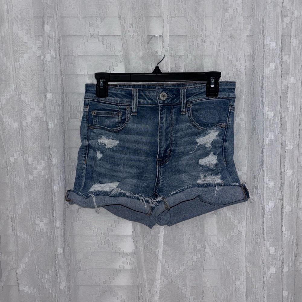 American Eagle Outfitters Next Level Stretch Blue Jean Distressed Denim Shorts
